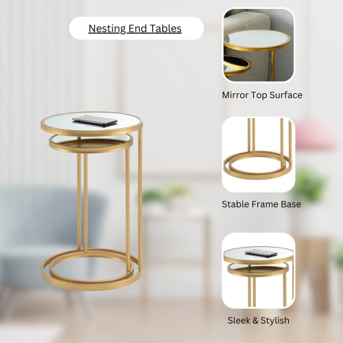 Rover Glass Mirror Metal Frame Mid-Century Nested Living Room End Side Table, Bed Side Table, Gold, Set of 2
