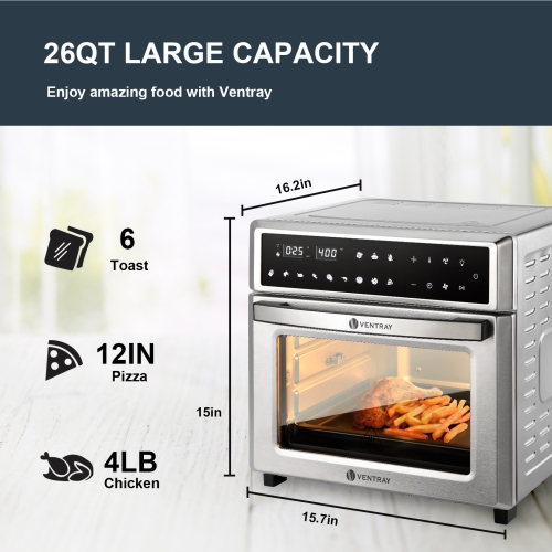 Ventray Countertop Air Fryer Oven, 6-in-1 Convection Toaster Oven 26QT 1700W Stainless Steel