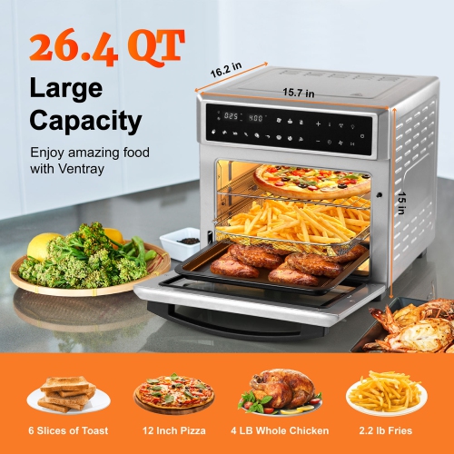 Ventray Countertop Air Fryer Oven, 6-in-1 Convection Toaster Oven 26QT 1700W Stainless Steel