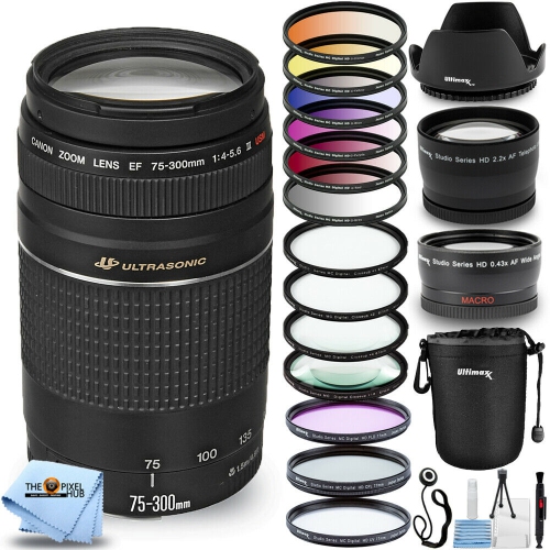 Objectif Canon EF 75-300mm f/4-5.6 III 6473A003 - L'ensemble ultime comprend : un kit de filtres de couleurs gradués 6PC, des objectifs macro/gros