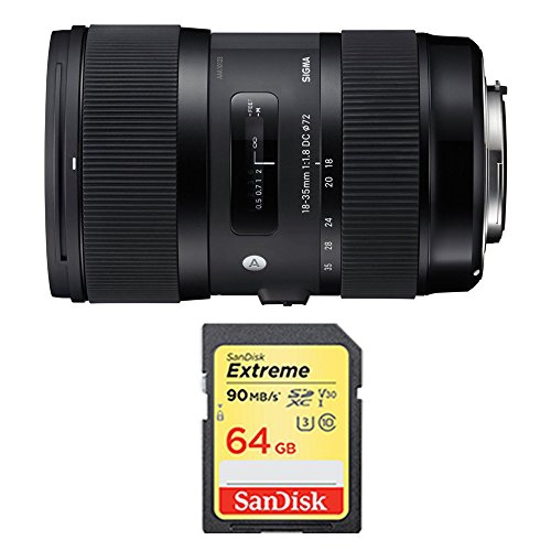 SIGMA  Af 18-35MM F/1.8 Dc Hsm Lens for Canon Includes Sandisk 64GB Extreme Sd Memory Uhs-I Card W/ 90/60Mb/s Read/write Bundle