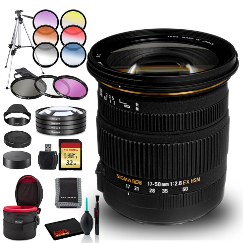 Sigma 17-50mm f/2.8 EX DC OS HSM Lens for Nikon F with Cleaning Kit,  Tripod, 32GB Memory, Filters, and Padded Lens Case Bundle