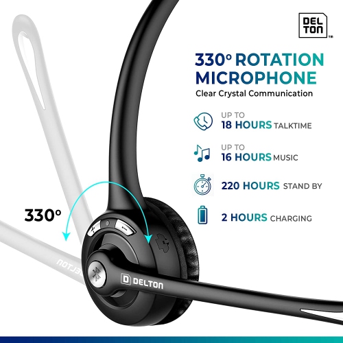 Delton Over-the-Head Bluetooth Wireless Headset for Drivers, Call Centers, Skype Noise Canceling Hands Free with Mic 18 Hours of Talk Time
