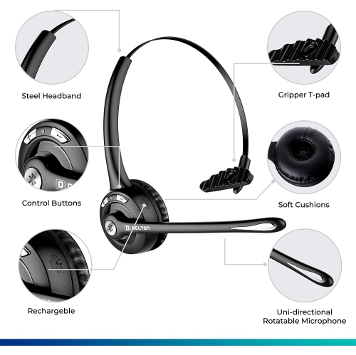Delton Over-the-Head Bluetooth Wireless Headset for Drivers, Call Centers, Skype Noise Canceling Hands Free with Mic 18 Hours of Talk Time