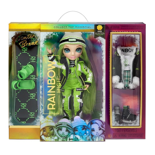 Rainbow High Winter Break Jade Hunter – Green Winter Break Fashion Doll and Playset with 2 complete doll outfits, Snowboard and Winter Doll