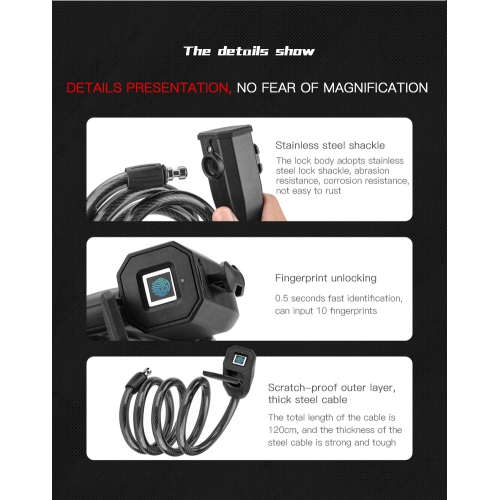 Fingerprint Bicycle Lock, Smart Cable Lock with Keyless Biometric