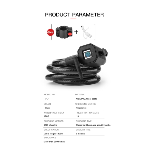 Fingerprint Bicycle Lock, Smart Cable Lock with Keyless Biometric