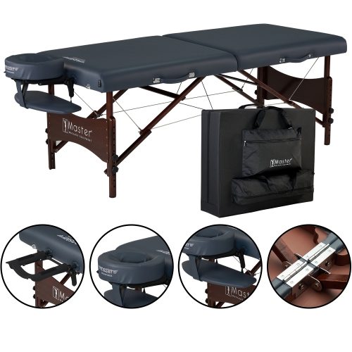 MASTER MASSAGE  Newport Portable Massage Table Package \w Denser 2.5" Cushion, Walnut Stained Hardwood, Steel Support Cables, Pillows & Accessories