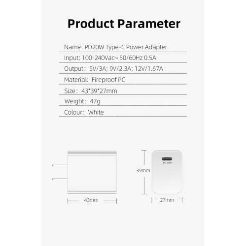 USB-C PD 20W Fast Charge Wall Power Adapter - White