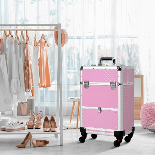 HOMCOM Rolling Aluminum Makeup Train Case, Portable Professional Cosmetic Makeup Case with 4 Wheels, Lock and Keys, Pink