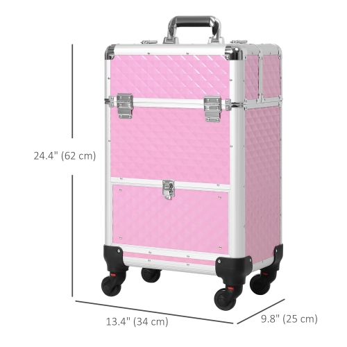 HOMCOM Rolling Aluminum Makeup Train Case, Portable Professional Cosmetic Makeup Case with 4 Wheels, Lock and Keys, Pink