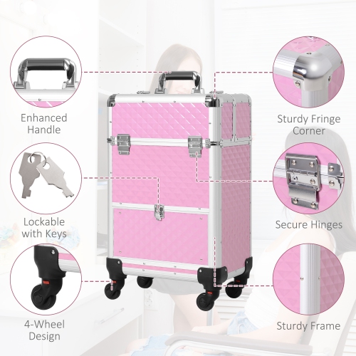 HOMCOM Rolling Aluminum Makeup Train Case, Portable Professional Cosmetic Makeup Case with 4 Wheels, Lock and Keys, Pink