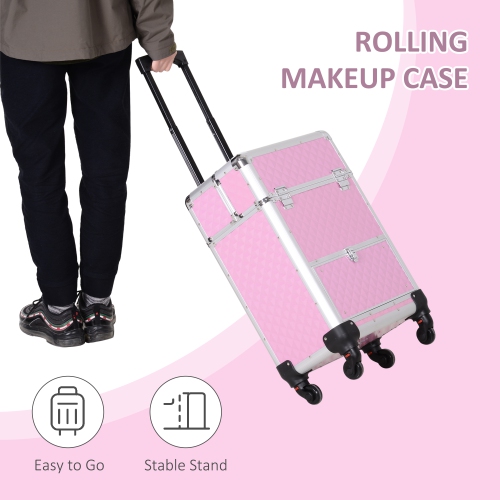 HOMCOM Rolling Aluminum Makeup Train Case, Portable Professional Cosmetic Makeup Case with 4 Wheels, Lock and Keys, Pink