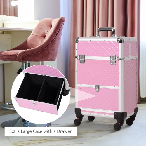 HOMCOM Rolling Aluminum Makeup Train Case, Portable Professional Cosmetic Makeup Case with 4 Wheels, Lock and Keys, Pink