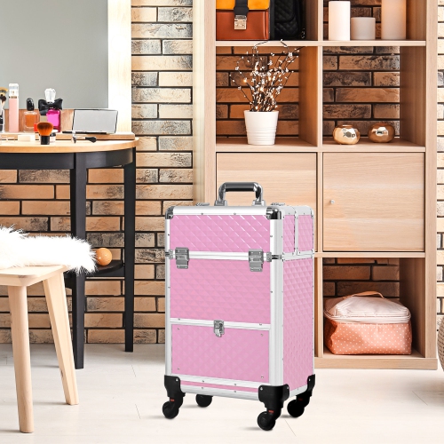 HOMCOM Rolling Aluminum Makeup Train Case, Portable Professional Cosmetic Makeup Case with 4 Wheels, Lock and Keys, Pink
