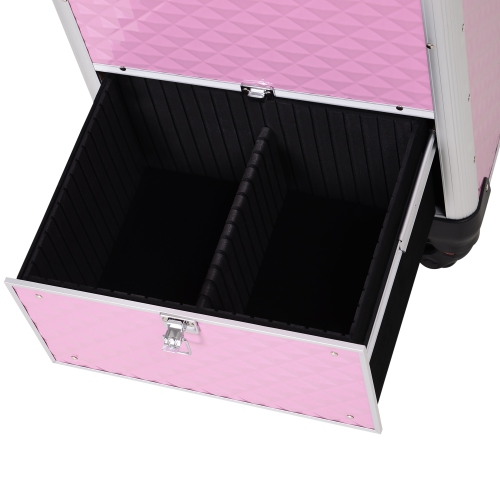 HOMCOM Rolling Aluminum Makeup Train Case, Portable Professional Cosmetic Makeup Case with 4 Wheels, Lock and Keys, Pink