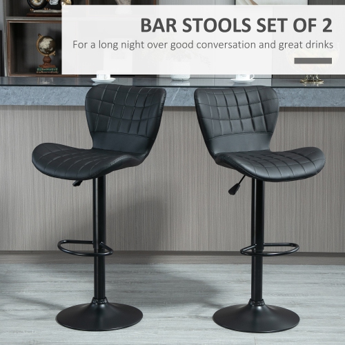 HOMCOM Bar Stools Set of 2, Adjustable Height Swivel Bar Chairs, PU Leather Upholstered Kitchen Counter Stools with Wide Seat, Back and Footrest,