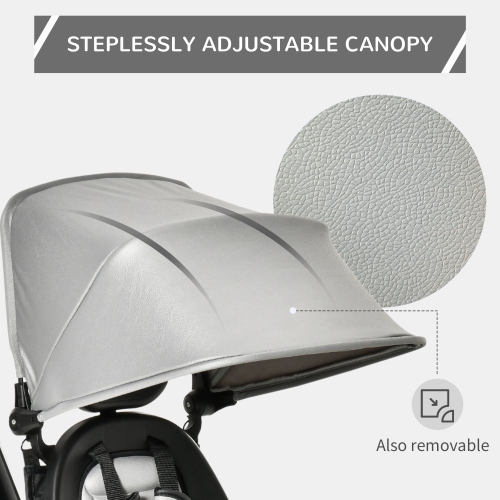 Qaba Tricycle for Toddler 4 in 1 Kids Trike with Reversible Adjustable Seat, Baby Push Bike with Removable Handle, Curved Canopy, Belt Storage Brake