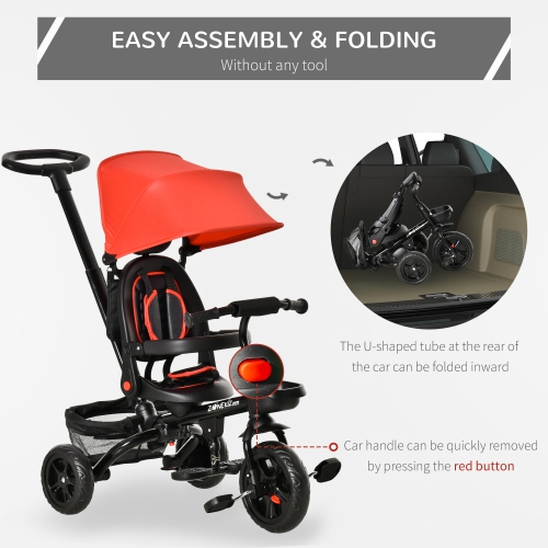 Tricycle pour enfant 4 en 1 de Qaba avec siège ajustable réversible, vélo-poussoir pour bébé avec poignée amovible, auvent courbé, pochette de frein