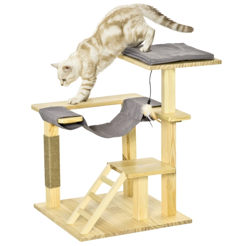 PawHut 25.5" Cat Tree Kitty Tower Activity Center Pinewood Cat Climbing Toy Indoor Outdoor Pet Furniture with Jute Scratching Post Bed Perch Hanging