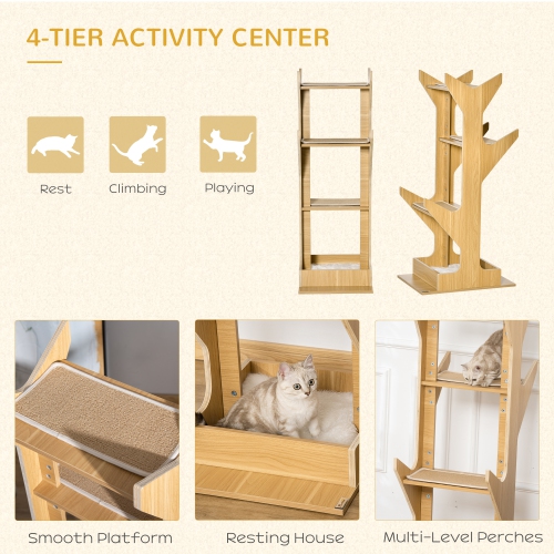 PawHut 49" Cat Tree with Resting House, 4-level Cat Tower Furniture with Soft Cushion, Activity Center for Kittens, Cat Shelf for Playing Relaxing