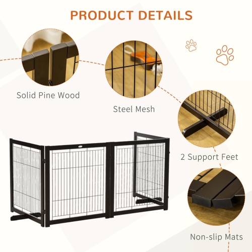 PawHut Wooden Dog Gate Foldable Pet Fence for Small & Medium Dogs 4 Panel with Support Feet Freestanding Safety Barrier for House Doorway Stairs