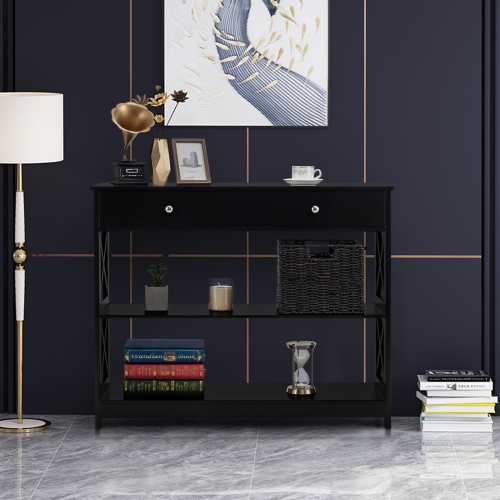 TopBuy – Table console d’entrée étroite avec tiroir et tablettes, table de dos de canapé, noir