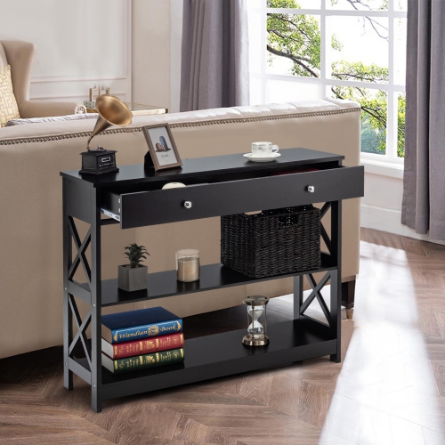 TopBuy – Table console d’entrée étroite avec tiroir et tablettes, table de dos de canapé, noir
