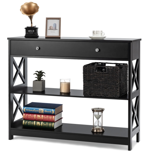 TopBuy – Table console d’entrée étroite avec tiroir et tablettes, table de dos de canapé, noir