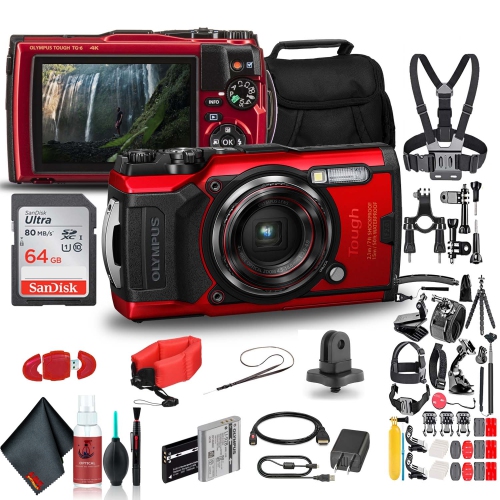 Red Olympus Tough TG-6 Waterproof Camera 64GB Basic Bundle 