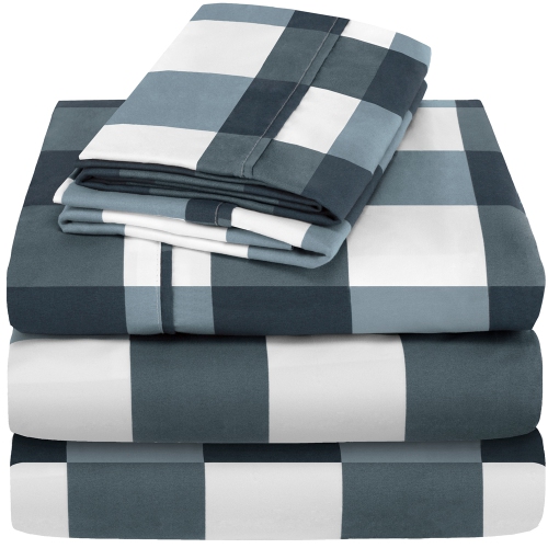 BARE HOME  Sheet Set - Premium 1800 Ultra-Soft Microfiber - Double Brushed - Hypoallergenic - Wrinkle Resistant (Gingham Blue, Split King)