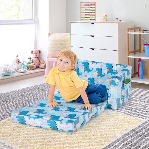Topbuy 2-in-1 Convertible Kids Sofa Flip Open Couch w/Sturdy Sponge Construction&Velvet Fabric Light Blue