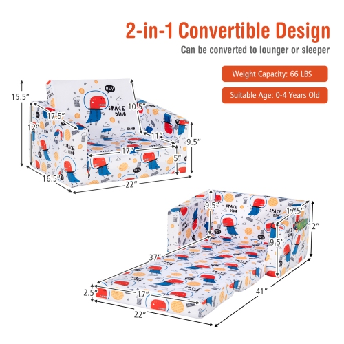 Topbuy 2-in-1 Convertible Kids Sofa Flip Open Couch w/Sturdy Sponge Construction&Velvet Fabric White&Red&Blue