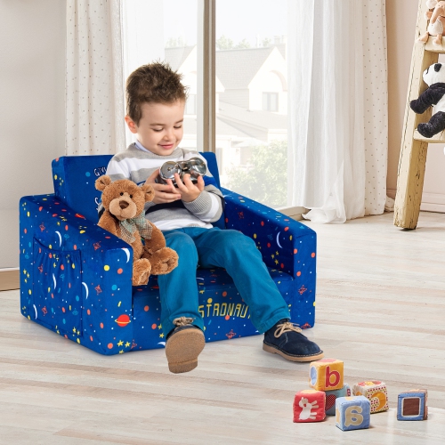 Canapé 2-en-1 convertible pour enfants de TopBuy avec éponge robuste et tissu bleu velours
