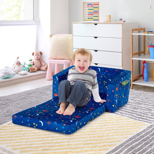 Canapé 2-en-1 convertible pour enfants de TopBuy avec éponge robuste et tissu bleu velours