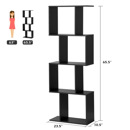Topbuy 4-tier Free Standing S-Shaped Bookcase Multifunctional Wooden Storage Display Rack
