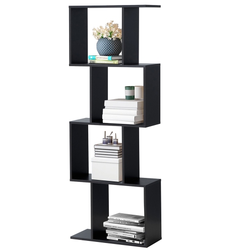 Topbuy 4-tier Free Standing S-Shaped Bookcase Multifunctional Wooden Storage Display Rack