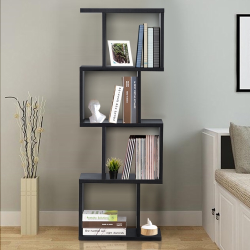 Topbuy 4-tier Free Standing S-Shaped Bookcase Multifunctional Wooden Storage Display Rack