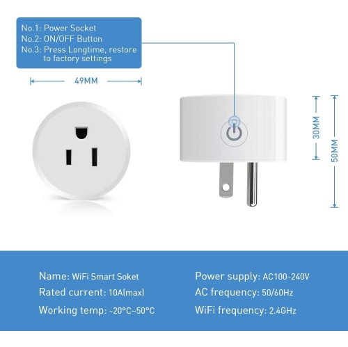 NIERBO Wi-Fi Smart Plug WiFi Smart Plug 10A 2400W Mini Smart Plug Works with Amazon Alexa, Echo, Google Home, No Hub Required, Voice Command, Time