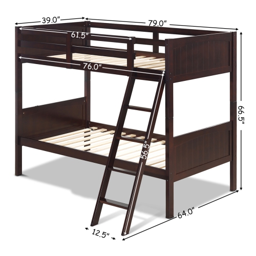Topbuy Twin Over Twin Bunk Beds Convertible 2 Individual Twin Beds Solid Hardwood White/ Espresso