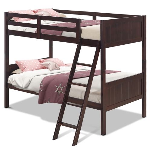 Topbuy Twin Over Twin Bunk Beds Convertible 2 Individual Twin Beds Solid Hardwood White/ Espresso