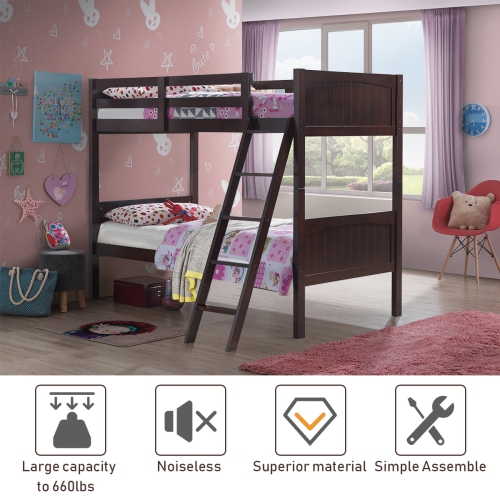 Topbuy Twin Over Twin Bunk Beds Convertible 2 Individual Twin Beds Solid Hardwood White/ Espresso