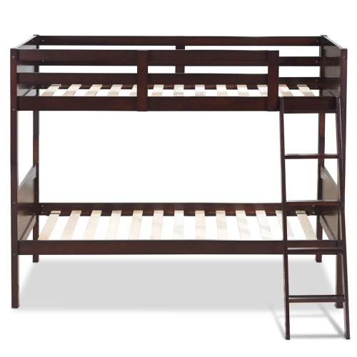 Topbuy Twin Over Twin Bunk Beds Convertible 2 Individual Twin Beds Solid Hardwood White/ Espresso