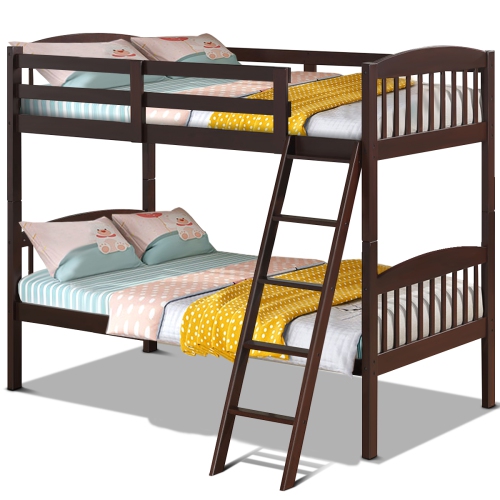 TOPBUY  Twin Over Twin Bunk Beds Hardwood Convertible Into 2 Individual Kid Bed Ladder White/ Espresso