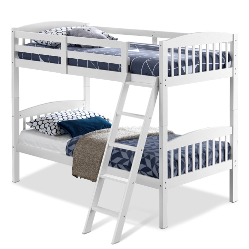 Topbuy Twin Over Twin Bunk Beds Hardwood Convertible into 2 Individual Kid Bed Ladder White/ Espresso