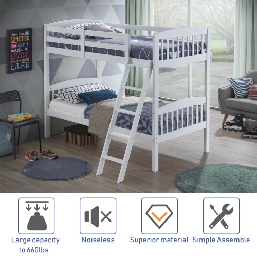 Topbuy Twin Over Twin Bunk Beds Hardwood Convertible into 2 Individual Kid Bed Ladder White/ Espresso