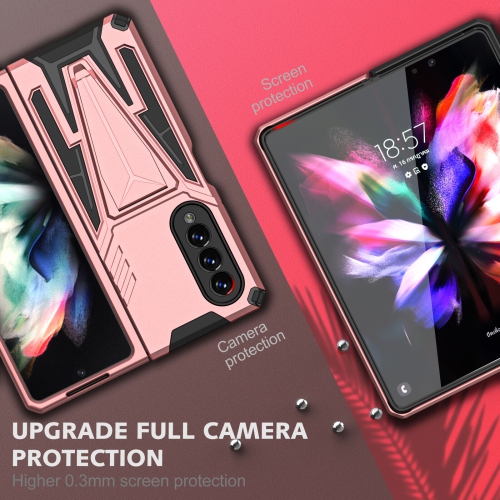 【CSmart】 Shockproof Heavy Duty Rugged Defender Case Kickstand Cover for Samsung Galaxy Z Fold 3 5G, Rose Gold