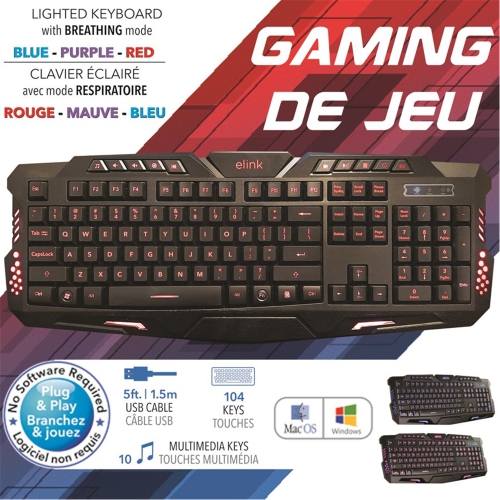 Elink - 104 Key USB Gaming Keyboard, 5 Feet Cable, Blue, Red or Purple Backlight