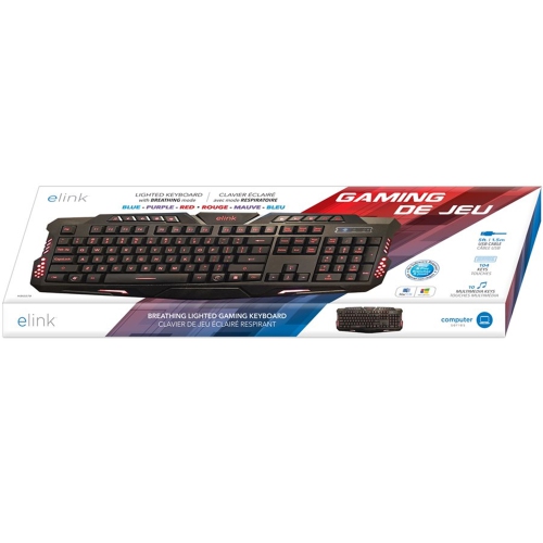 Elink - 104 Key USB Gaming Keyboard, 5 Feet Cable, Blue, Red or Purple Backlight