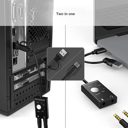 Compact Multi-sound USB and Type-C Sound Card with Noise Reduction Chip with 6 sound effects- PrimeCables®